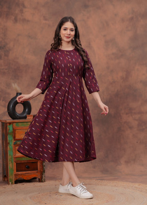 Dizon Women Woven Design Flared Kurta(Maroon)