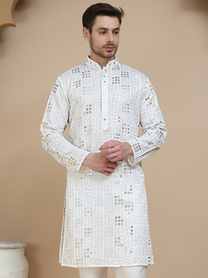 Jompers Men Embroidered Straight Kurta(White)