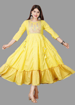 aayusika Women Embroidered Anarkali Kurta(Yellow)