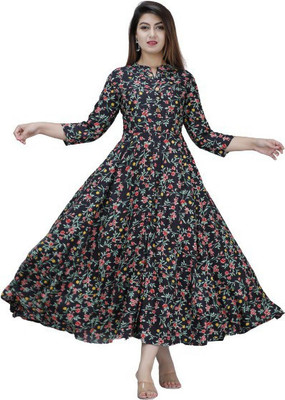 ITRUK Women Printed Anarkali Kurta(Black)