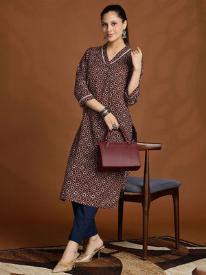 ANOUK Women Printed Straight Kurta(Maroon)