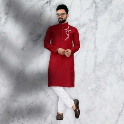 Mamta Biswas Men Printed Straight Kurta(Red)