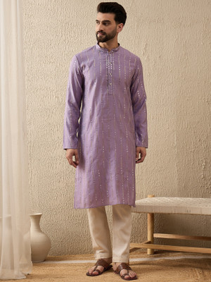 House of Pataudi Men Embroidered Straight Kurta(Purple)
