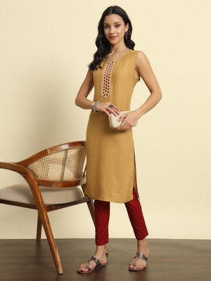 Surhi Women Embroidered Straight Kurta(Beige)