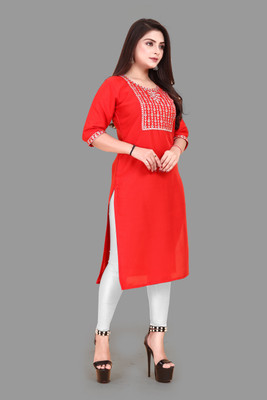 KURTIFABRIC Women Embroidered A-line Kurta(Red)