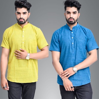 QuaClo Men Solid Straight Kurta(Yellow, Blue)