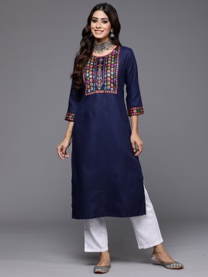 Indo Era Women Embellished Straight Kurta(Dark Blue)