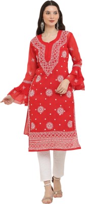 FAWOMENT Women Chikan Embroidery, Embroidered Straight Kurta(Red)