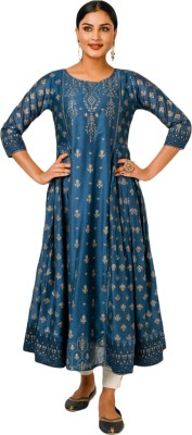 LADY MOR Women Printed Flared Kurta(Blue)