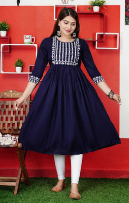 MD Aliya Women Embroidered Anarkali Kurta(Dark Blue)