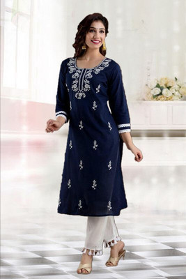vikshi Women Chikan Embroidery Straight Kurta(Blue)
