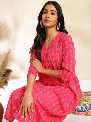 Janasya Women Woven Design A-line Kurta(Pink)