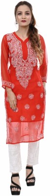 Beauty Chikan Emporium Women Chikan Embroidery A-line Kurta(Red)