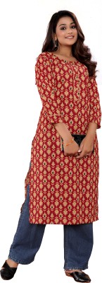 Fairbe Women Printed Straight Kurta(Red)