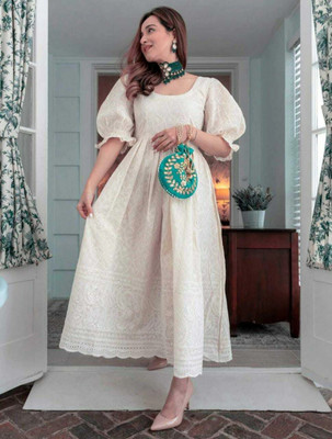 HTK Women Embroidered Anarkali Kurta(White)