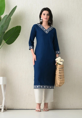Flora Creation Women Solid Straight Kurta(Blue)