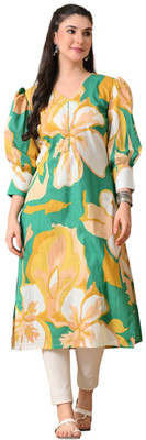 KAAHEERA Women Floral Print Straight Kurta(Green)