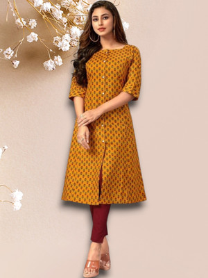 ABHI FAB Women Printed Straight Kurta(Yellow)