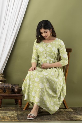 ashraj Women Fit and Flare Light Green, White Dress