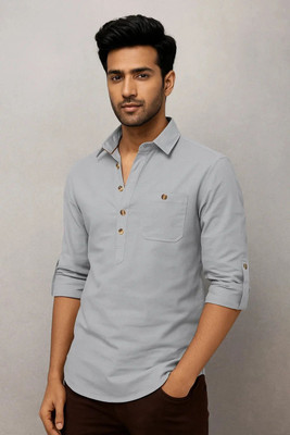 MANCHESTER & CO Men Solid Straight Kurta(Grey)