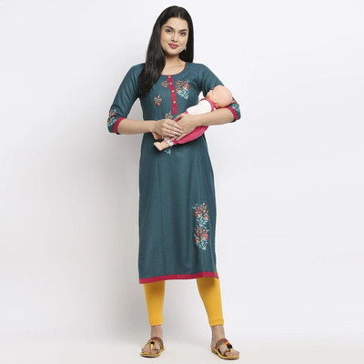 TRUE SHAPE Women Embroidered Straight Kurta(Light Green)
