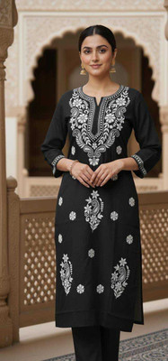 TSQUARE Women Embroidered, Chikan Embroidery, Paisley Straight Kurta(Black, Green, Red, Orange, Pink, Purple)