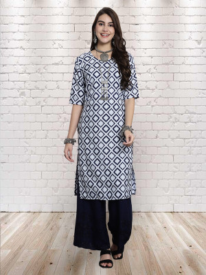 EthnicBasket Women Printed A-line Kurta(Dark Blue, White)