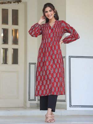 Janasya Women Floral Print Flared Kurta(Maroon)