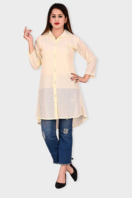 Fatima fashion Women Checkered, Chikan Embroidery Tunic Kurta(Yellow)