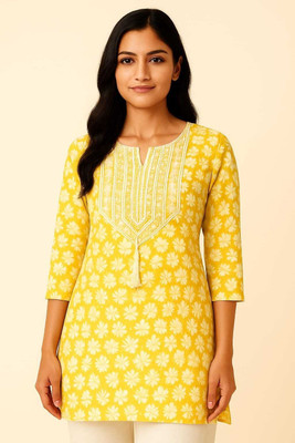 Jyoti Fashion Women Floral Print, Embroidered Straight Kurta(Yellow)
