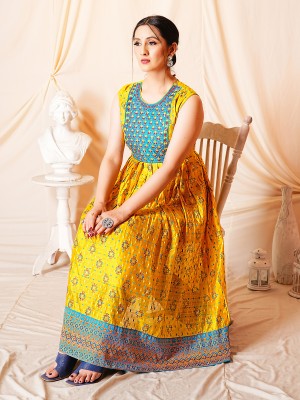 anushansa Women Embroidered, Printed Anarkali Kurta(Yellow)