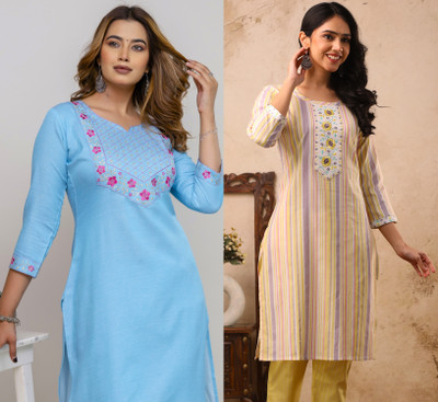 AuzaSho Collection Women Embroidered Straight Kurta(Multicolor)