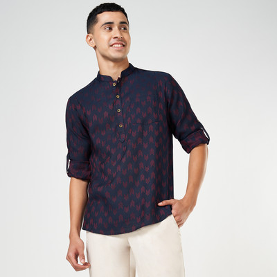 Indus Route by Pantaloons Men Printed Straight Kurta(Blue)