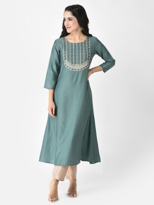 Span Women Self Design A-line Kurta(Gold, Light Green)