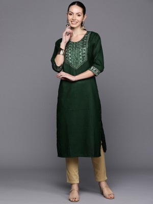 Indo Era Women Embroidered Straight Kurta(Green)