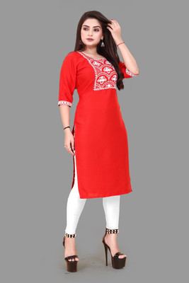 KURTIFABRIC Women Embroidered A-line Kurta(Red)
