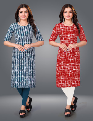MOBHISA Women Printed Straight Kurta(Red)