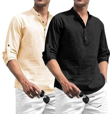 Amrit Trending Men Solid Straight Kurta(Beige, Black)