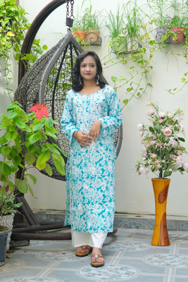 Elegance Hub Women Chikan Embroidery A-line Kurta(Green)