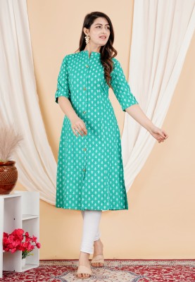 vttextile Women Printed Straight Kurta(Light Green, White)