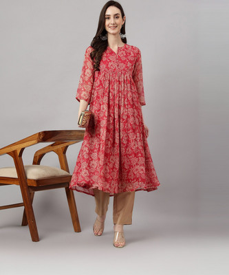 Janasya Women Floral Print Flared Kurta(Pink)
