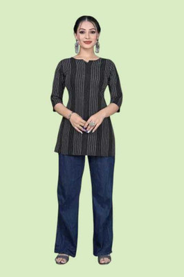 Texpa Creationku Women Striped Straight Kurta(Black, Grey)