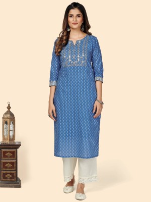 VBUYZ Women Printed Straight Kurta(Blue)