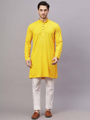 ORIFAB Men Embellished Straight Kurta(Yellow)