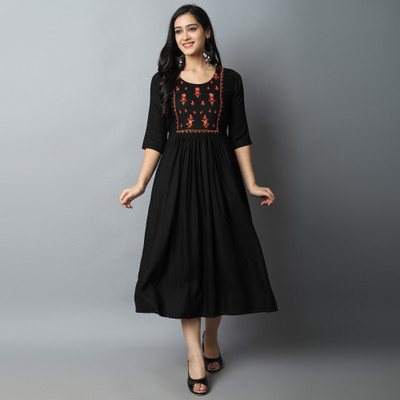 Kriska Women Embroidered A-line Kurta(Black)