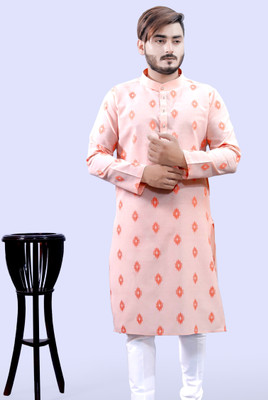 Tibra Collection Men Printed Straight Kurta(Orange)