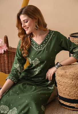 PHYSIL Women Printed Straight Kurta(Green)