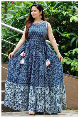 Fabris Women Printed Anarkali Kurta(Blue)