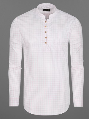 french crown Men Checkered Straight Kurta(Pink, White)