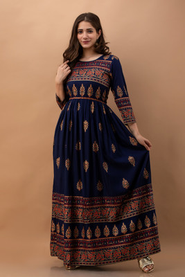 Dressar Women Gown Dark Blue, Gold, Red Ankle Length Dress